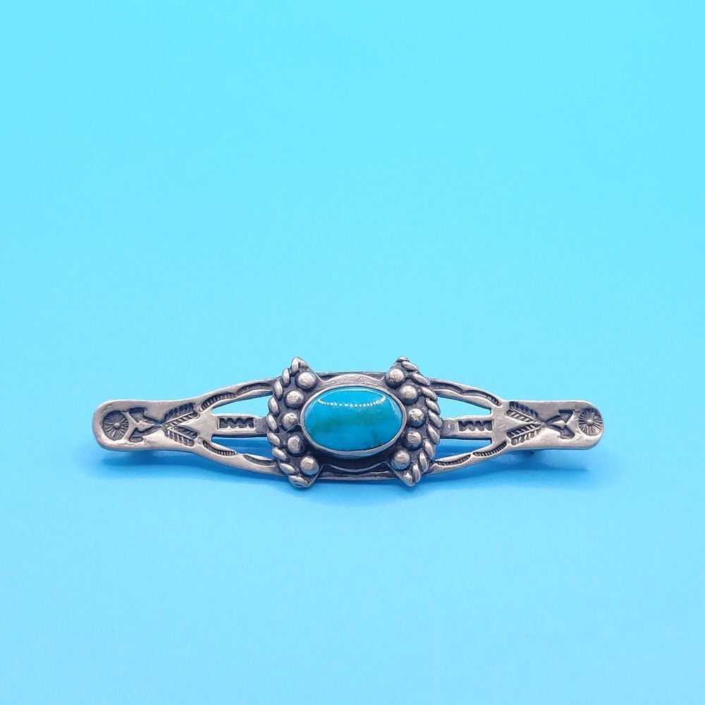 Vintage Sterling Silver 2055 Turquoise Medium Long Oval Brooch - Picture 6 of 12